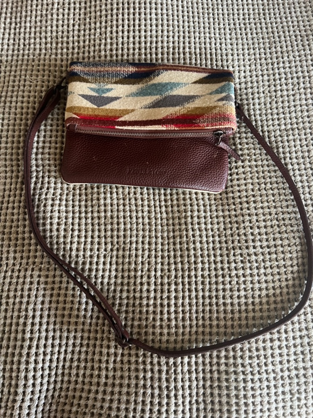 Pendleton Brown and Teal Geometric Foldover Crossbody  wyeth Clutch - Picture 6 of 11